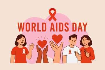 World AIDS Day Flat Design Illustration with Red Ribbon, Hands Holding Hearts, and People Supporting HIV Awareness in Minimal Modern Style
