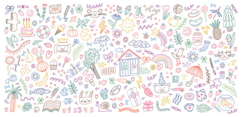 Kid icons. Cute children elements. Summer child graphic for line art school book. Baby flower, house and sun. Outline sketch. Color pen drawing. Childish background. Vector illustration