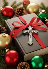 Vertical religious Christmas background. Holy book with cross, red ribbon, festive ornaments. Spiritual holiday social media post. Copy space area