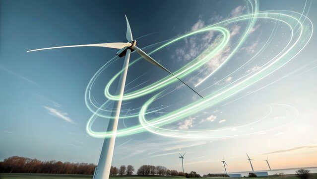 Modern wind turbine with glowing circular light trails. Futuristic renewable energy technology and green innovation concept.