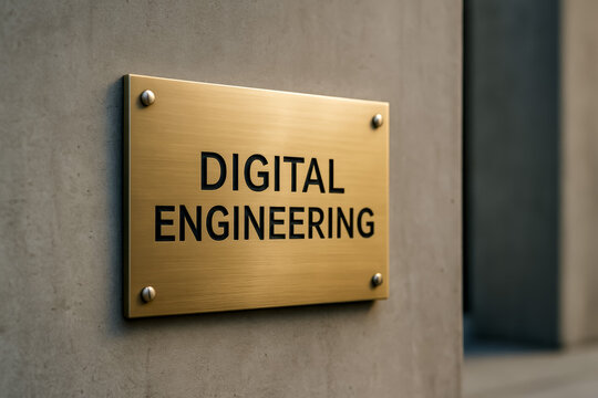 Brass sign displaying digital engineering in modern setting