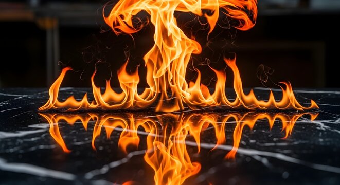 Dynamic capture of a fiery explosion, with energetic orange flames and their vivid reflection on a polished black background