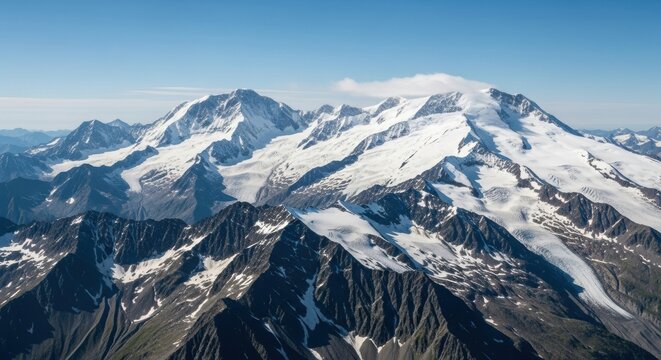 Majestic mountain range with snow covered peaks. Aerial view of a high altitude alpine landscape. Glaciers and rocky summits under a clear sky. Success and achievement concept for business