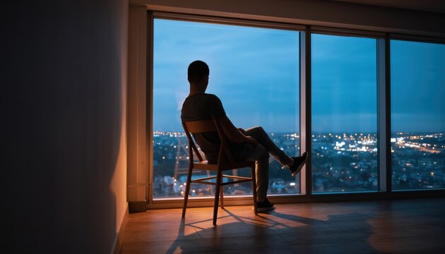Silhouette person sitting by window overlooking city at blue hour