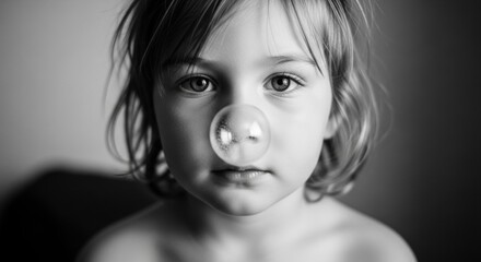 Artistic black and white portrait of a young girl. A fragile soap bubble on her nose. Childhood innocence and pure imagination concept. A direct and curious gaze into the camera