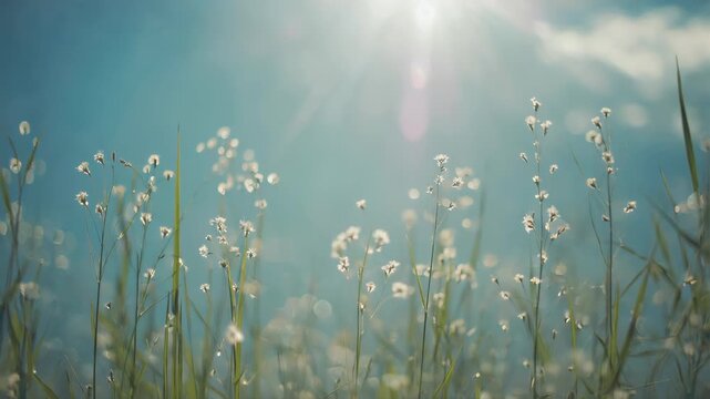 Delicate wild grass with tiny white flowers, soft focus, dreamy bokeh background in green and blue tones