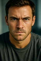 Obraz premium Intense close-up of a man with serious expression and focused gaze