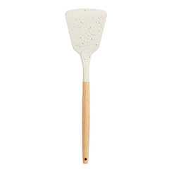 Minimalist kitchen spatula with white silicone head and wooden handle, isolated on white background. Ideal for modern cooking, food prep, and lifestyle visuals.