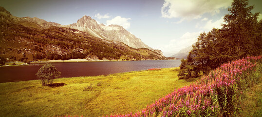 Landscape around Sils Lake on upper Engadine Valley (Switzerland - Europe) - Toned with a retro vintage instagram filter effect