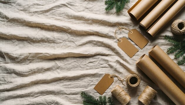 Eco friendly gift wrapping supplies with kraft paper, tags, twine and pine branches