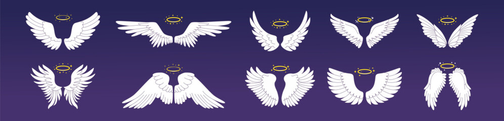Angel wing. Cute halo ring, love or heaven bird gold nimbus, holy Jesus effulgence. Color feather design, freedom and spiritual symbol. Vector flat cartoon icons isolated cartoon flat set