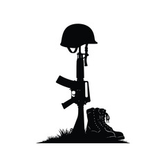Solemn silhouette of fallen soldier s memorial with helmet rifle and boot