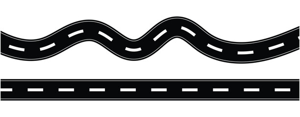  Winding road, Highway symbols. Road signs. Top view on road map. Curve highway roadway. Vector infographic