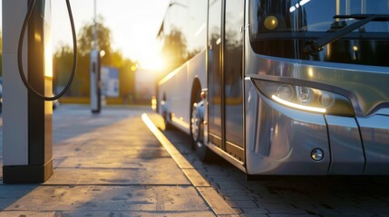 A modern electric bus parked at a charging station during sunset. The bus has a sleek design with bright headlights and a shiny exterior.