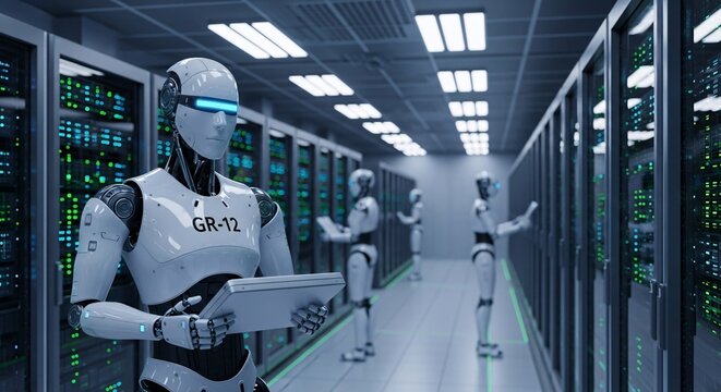 Futuristic robots manage data servers, ensuring seamless connectivity and advanced AI solutions for modern tech companies, powering innovation and efficiency with automated systems