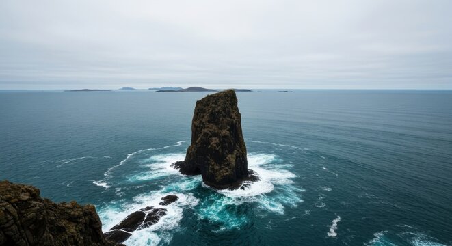 Solitary sea stack in a vast ocean expanse. Rugged coastal scenery with crashing waves. Concept of isolation strength and nature's power. Adventure travel to remote wild destinations