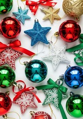 Vertical Christmas ornament flatlay isolated on white background. Festive pattern of red, green, blue stars, baubles for social media post or card.