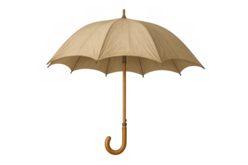 Open beige umbrella with wooden handle for weather protection and rainy season on transparent background