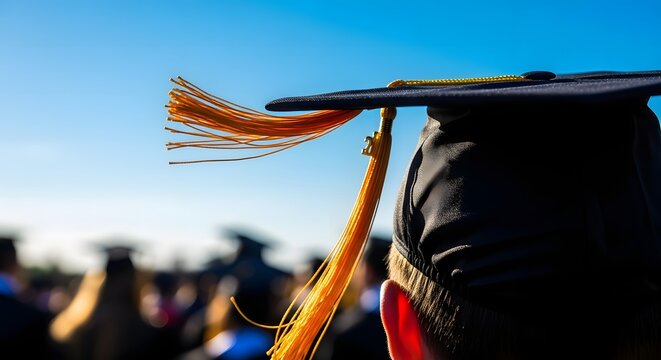 Graduate wearing academic cap with tassel during outdoor commencement ceremony.