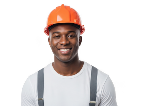 Smiling black construction worker wearing an orange hard hat and white shirt with suspenders isolated on transparent background - Powered by Adobe