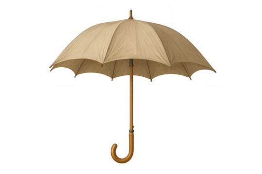 Open beige umbrella with wooden handle for weather protection and rainy season on transparent background