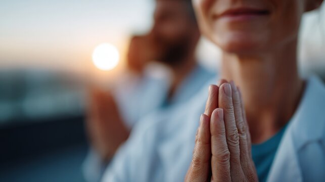 Morning yoga session for doctors rooftop terrace group activity urban health and wellness focus - Powered by Adobe