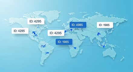 Global network connections and data transfer visualization across a stylized world map, showcasing international partnerships and worldwide communication, connecting diverse locations