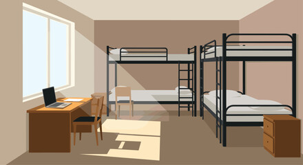 Fototapeta premium Sunlit dormitory room with bunk beds, desk, and laptop, conveying a sense of student life and shared living spaces