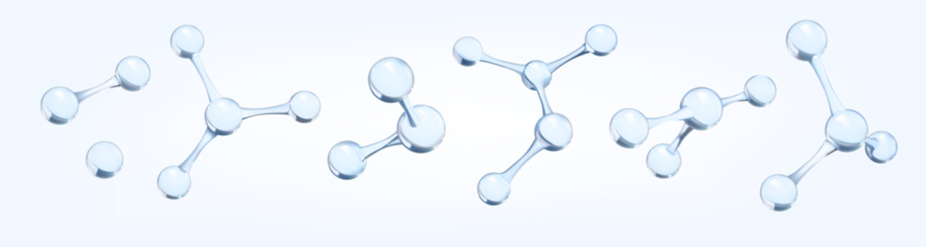 3D science icons. Nano collagen chemistry cell. Bio DNA bubble or chemistry oxygen atom connection. Cosmetic molecule. Scientific formula. Vector biochemistry glass shapes isolated set