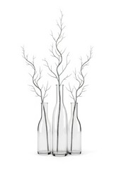 Isolated minimalist winter branches in glass vases on white background, modern Merry Christmas design for clean invitation or flyer.