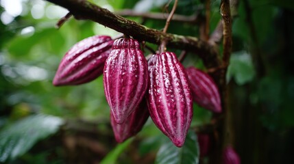 Obraz premium Vibrant pods of cacao hanging from a branch