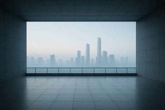 Pixelated Retro Futuristic City Skyline View from Dark Interior