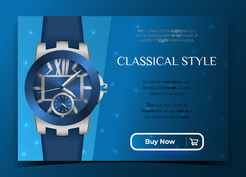 Wristwatch ad banner. Silver wrist clock. Luxury watch advertising. Diamond gems. Shop web promotion. Premium jewelry. Timepiece classic dial. Time accessory. Vector marketing background - Powered by Adobe