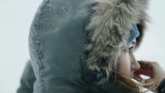 Close up side view of an individual braving snowy weather, bundled up in a thick parka with fur trim. The image evokes winter survival, outdoor exploration, and seasonal fashion trends