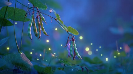 Evening pea pods, fireflies, lush foliage