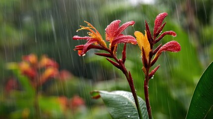 Rain-kissed red and orange flowers