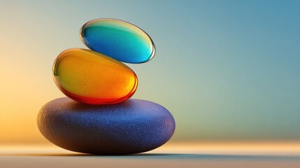 Colorful stones balanced on a dark stone
