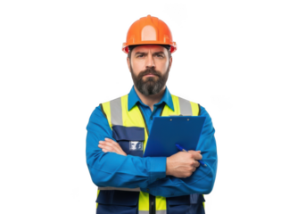 Serious bearded construction worker wearing orange hard hat and high visibility vest holding clipboard isolated on transparent background