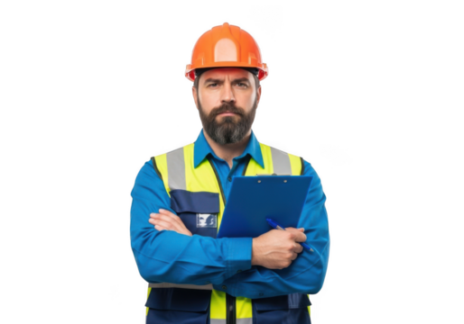 Serious bearded construction worker wearing orange hard hat and high visibility vest holding clipboard isolated on transparent background - Powered by Adobe
