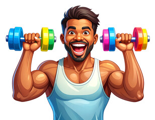Cartoon Fitness Character Lifting Dumbbells with Energetic Expression, Vector Style PNG