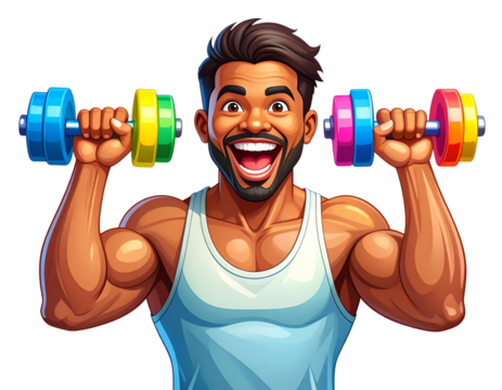 Cartoon Fitness Character Lifting Dumbbells with Energetic Expression, Vector Style PNG