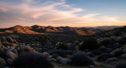 Scenic desert landscape at golden hour. Joshua trees and rocky formations in a vast valley. Warm sunset light on rolling mountain peaks. Wilderness travel and exploration concept