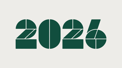 Modern geometric design featuring the year 2026 in a stylized dark green font with white outlines on a light gray background