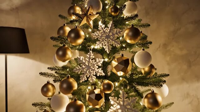 Beautifully Decorated Christmas Tree in a Cozy Living Room with Warm Lighting at Night