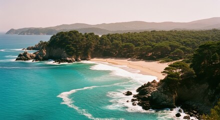 Secluded sandy cove with turquoise ocean water. Rocky coastline with lush green pine forest. Idyllic travel destination for summer vacation. Aerial view of a pristine coastal landscape