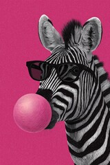 Obraz premium Stylish Zebra Blowing Bubble Gum on a Vibrant Pink Background in a Playful Artistic Setting