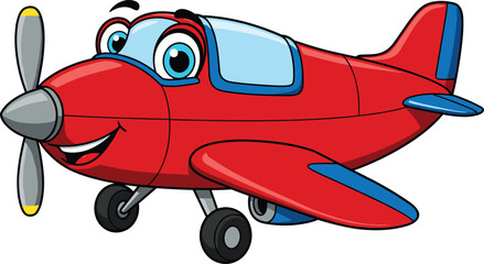Cartoon red airplane character, smiling face with eyes, propeller aircraft, vector illustration for kids, transportation, aviation, travel, education