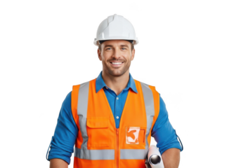 Smiling construction worker wearing a white hard hat and bright orange safety vest holding blueprints isolated on transparent background