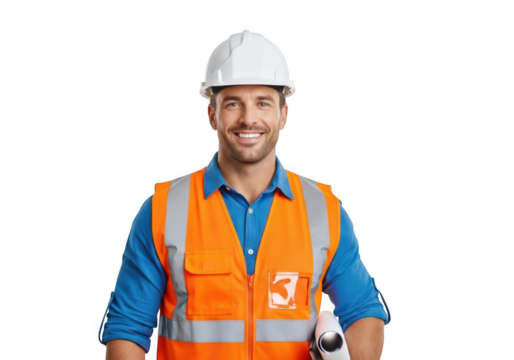 Smiling construction worker wearing a white hard hat and bright orange safety vest holding blueprints isolated on transparent background