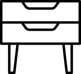 Simple black and white illustration of a two-drawer nightstand with legs.
